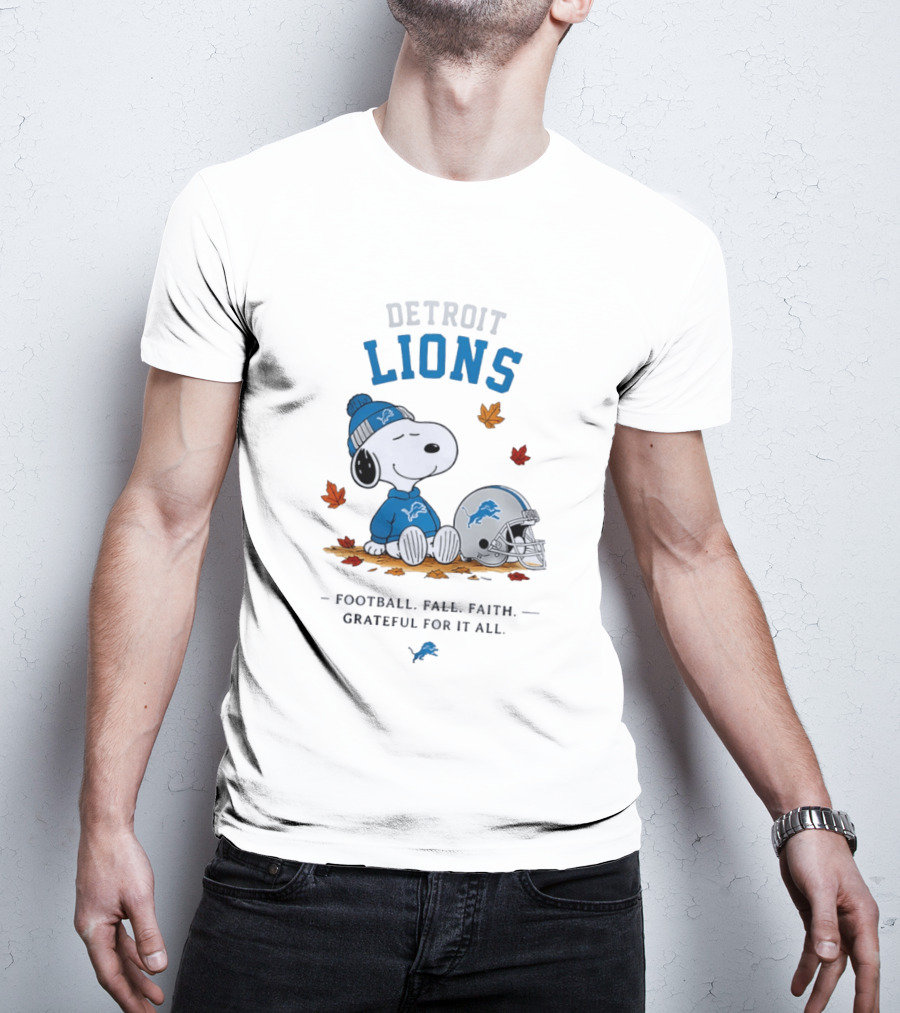 Detroit Lions Snoopy Football Fall Faith Grateful For It All Leaves Helmet T-Shirt