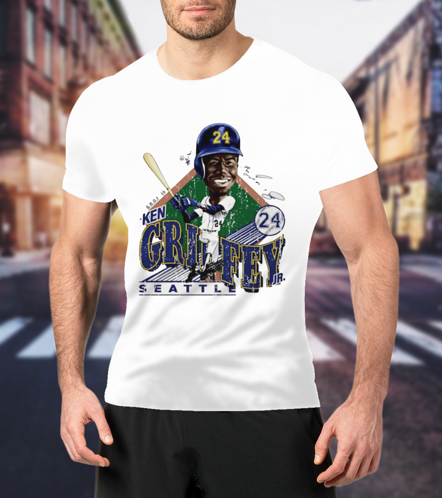 Ken Griffey Jr. Seattle Mariners 24 Baseball Batting Illustration Bruce Stark Collection T-Shirt