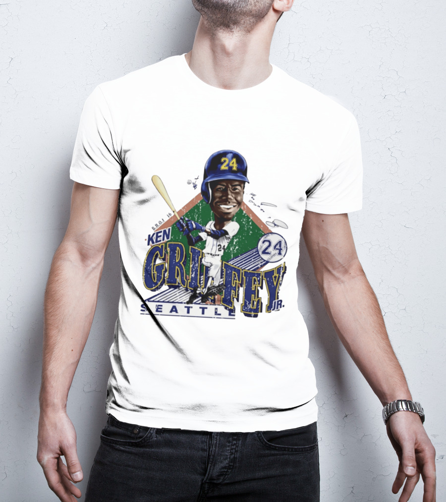 Ken Griffey Jr. Seattle Mariners 24 Baseball Batting Illustration Bruce Stark Collection T-Shirt