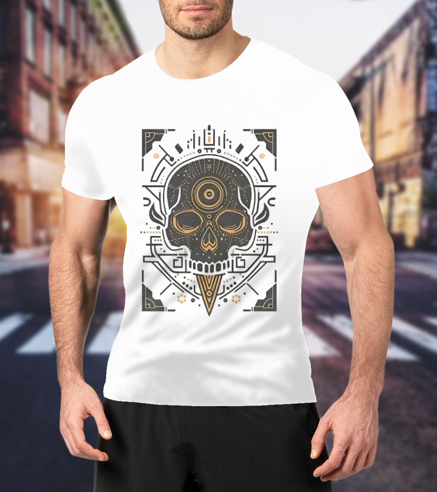 Sacred Geometry Skull Minimalist Golden Ornamental T-Shirt