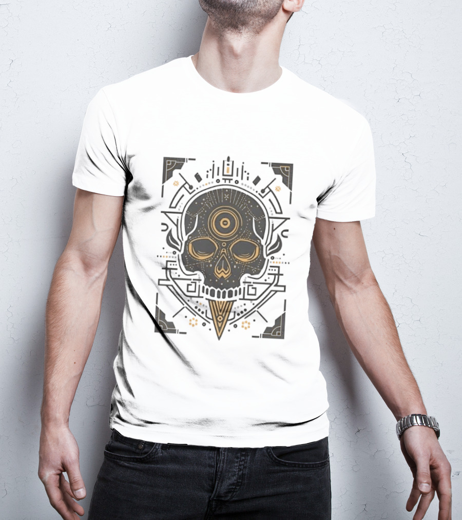 Sacred Geometry Skull Minimalist Golden Ornamental T-Shirt
