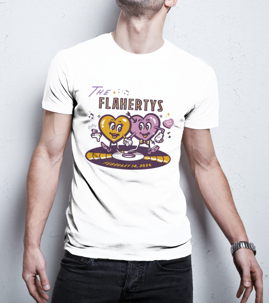 The Flahertys February 14 2026 Dancing Wedding Hearts With Music Notes T-Shirt
