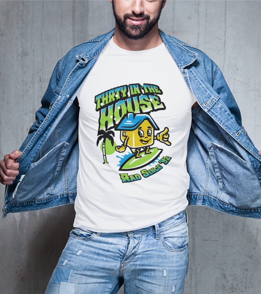 Thrty In The House Rad Since 92 Surfer Cartoon Palm Tree Vibes T-Shirt