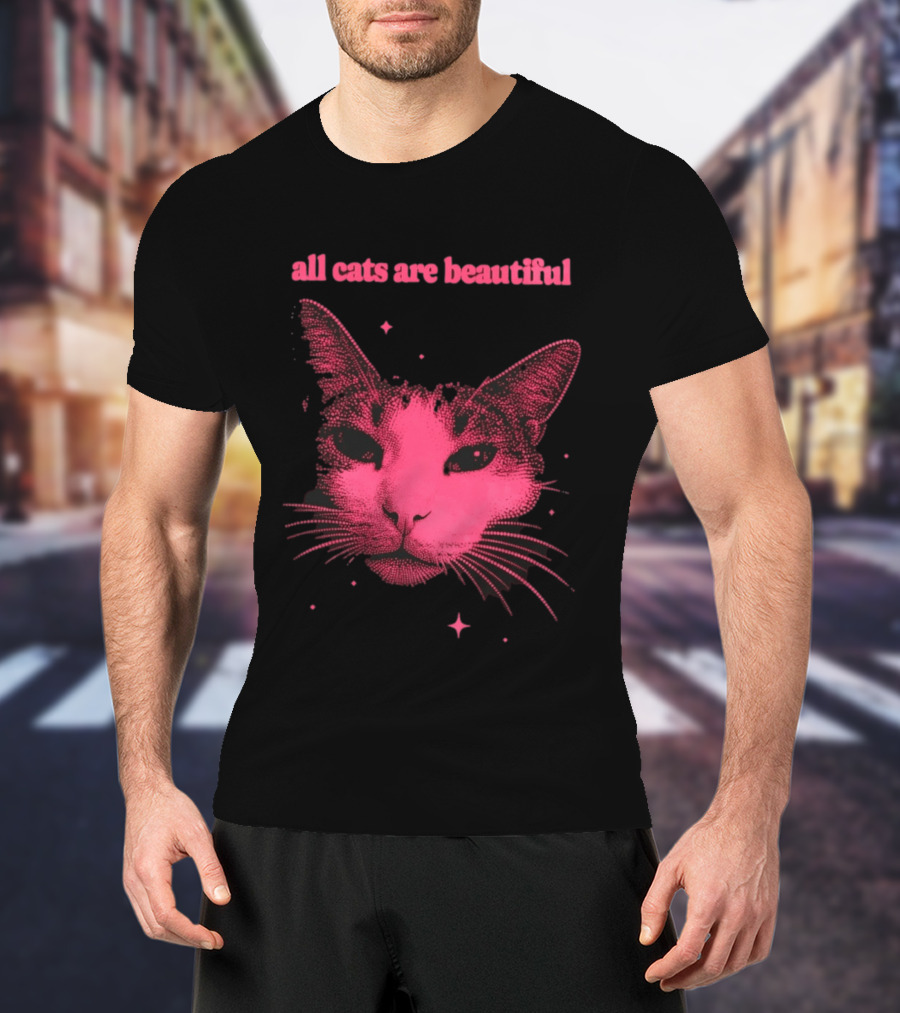 All Cats Are Beautiful Pink Halftone Cat Face With Stars T-Shirt