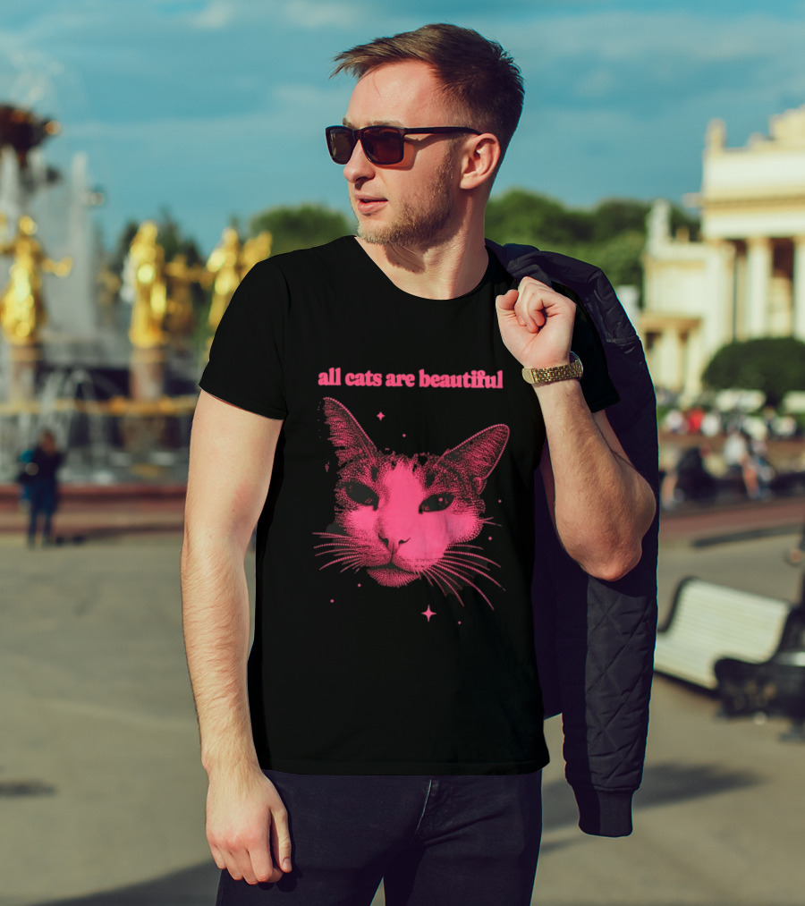 All Cats Are Beautiful Pink Halftone Cat Face With Stars T-Shirt