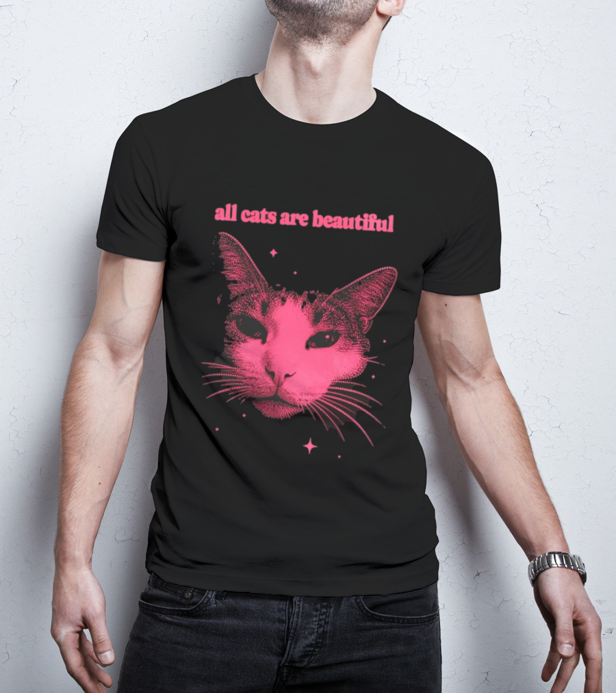 All Cats Are Beautiful Pink Halftone Cat Face With Stars T-Shirt