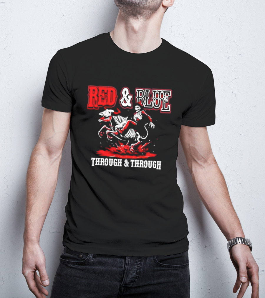 Red And Blue Through And Through Skeleton Cowboy Riding Horse T-Shirt