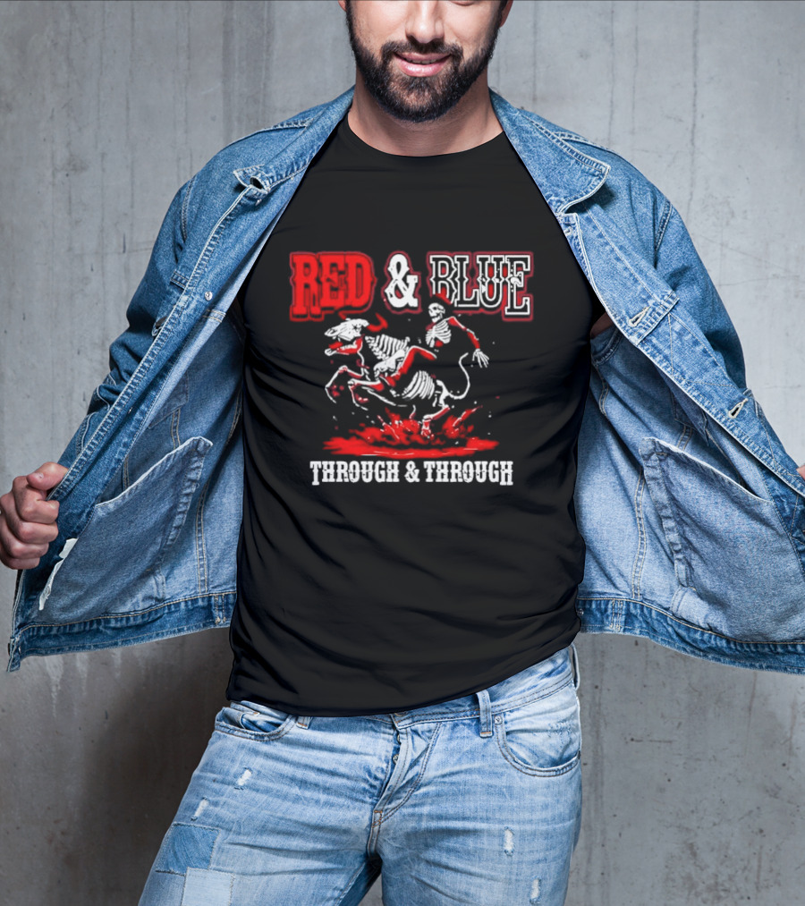 Red And Blue Through And Through Skeleton Cowboy Riding Horse T-Shirt