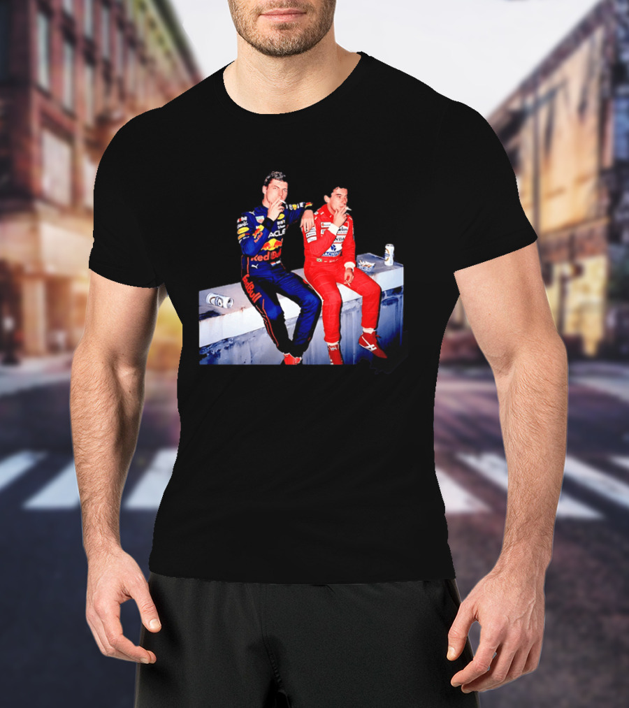 Max Verstappen Red Bull Racing And Ayrton Senna Honda Marlboro F1 Legends Smoking Together T-Shirt