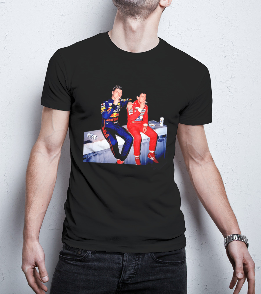 Max Verstappen Red Bull Racing And Ayrton Senna Honda Marlboro F1 Legends Smoking Together T-Shirt
