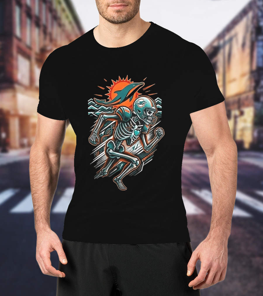 Miami Dolphins Runs In My Blood Skeleton Football Sprint T-Shirt