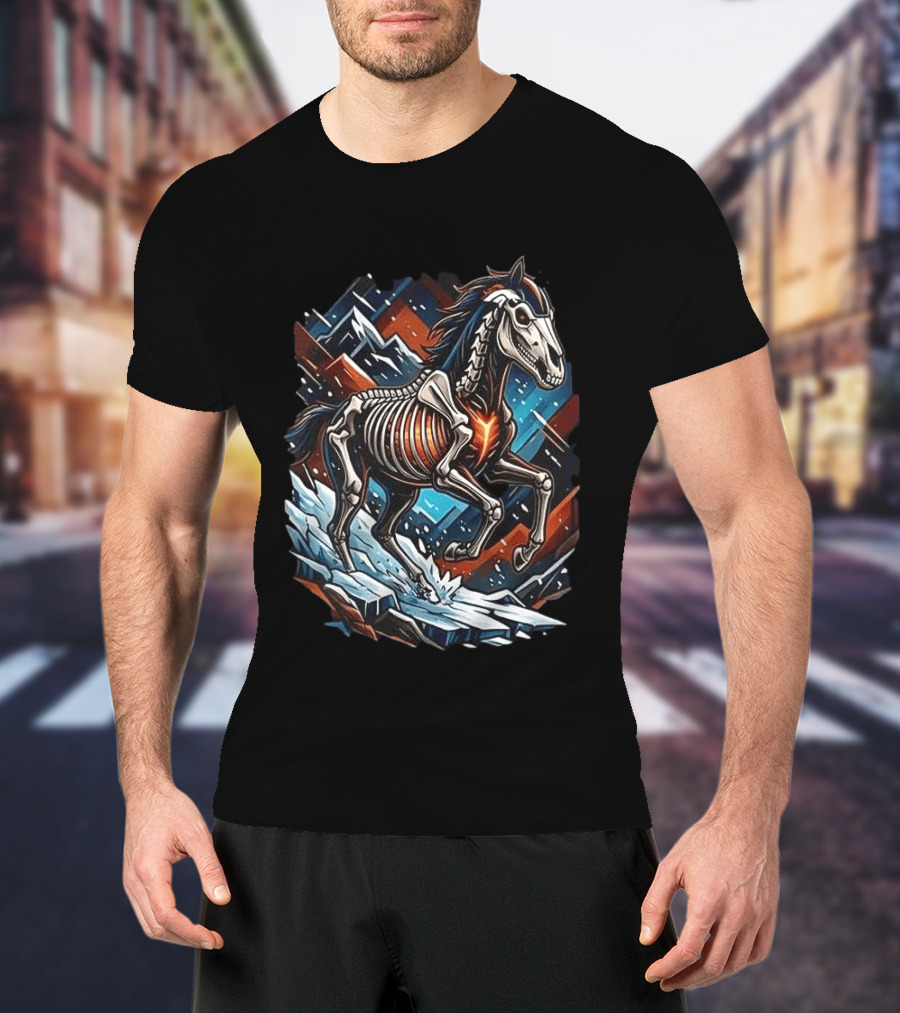 Denver Broncos Runs In My Blood Skeleton Horse And Mountains T-Shirt
