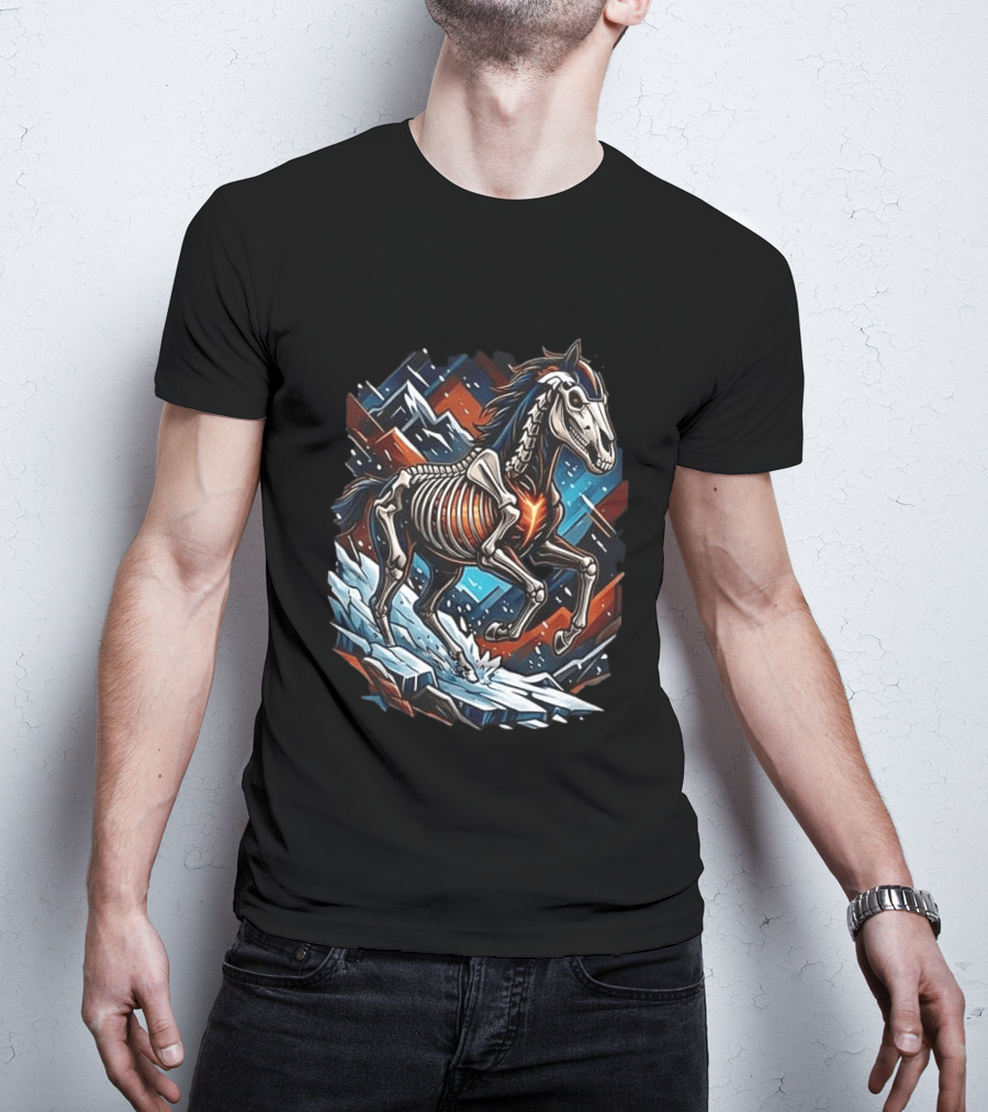Denver Broncos Runs In My Blood Skeleton Horse And Mountains T-Shirt