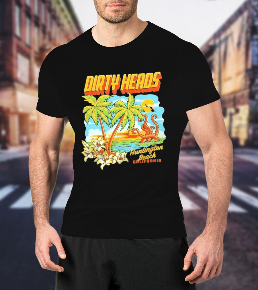 Dirty Heads Tropical Beach Palm Trees Ocean Sunset Octopus Huntington Beach California T-Shirt