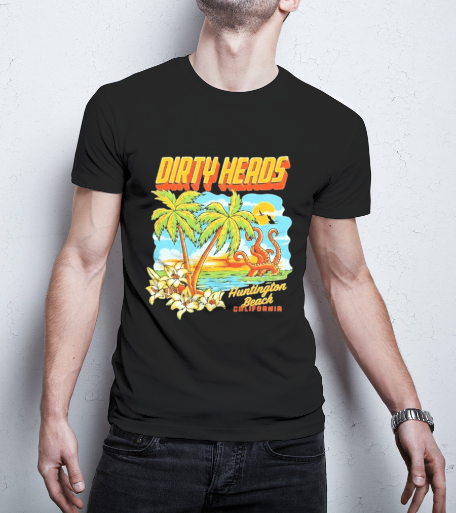 Dirty Heads Tropical Beach Palm Trees Ocean Sunset Octopus Huntington Beach California T-Shirt