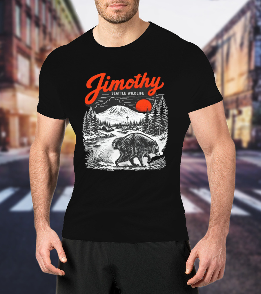 Jimothy Seattle Wildlife Raccoon With Mountain And Space Needle T-Shirt