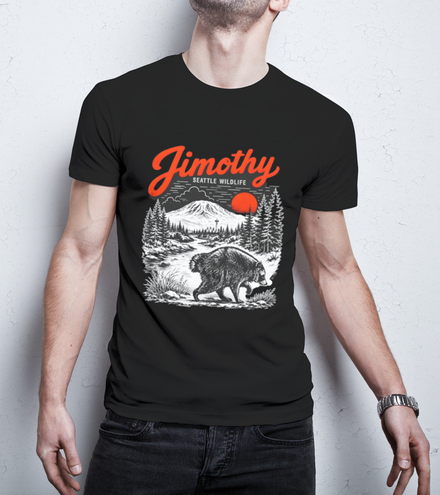 Jimothy Seattle Wildlife Raccoon With Mountain And Space Needle T-Shirt