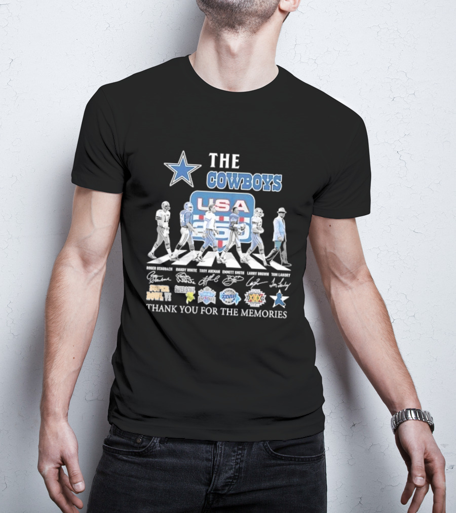 THE COWBOYS Roger Staubach Randy White Troy Aikman Emmitt Smith Larry Brown Thank You For The Memories USA T-Shirt