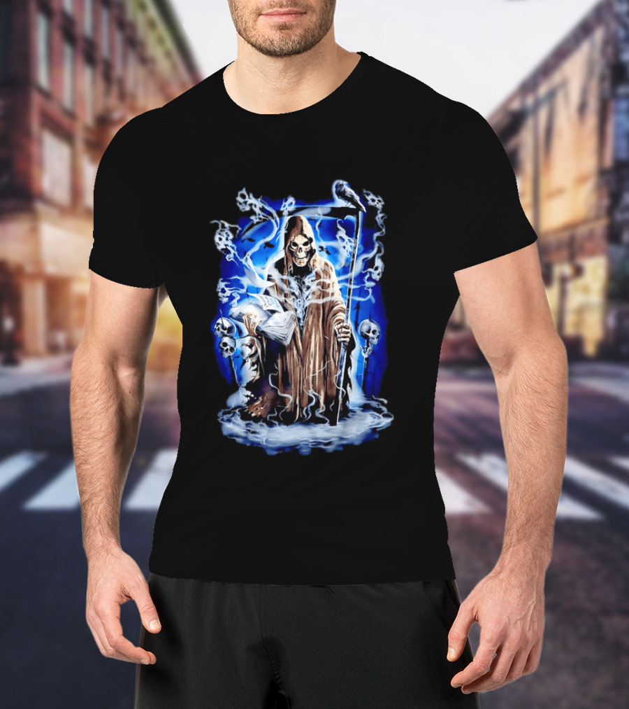 Sooner Than You Think Grim Reaper Skull And Scythe In Blue Mist T-Shirt