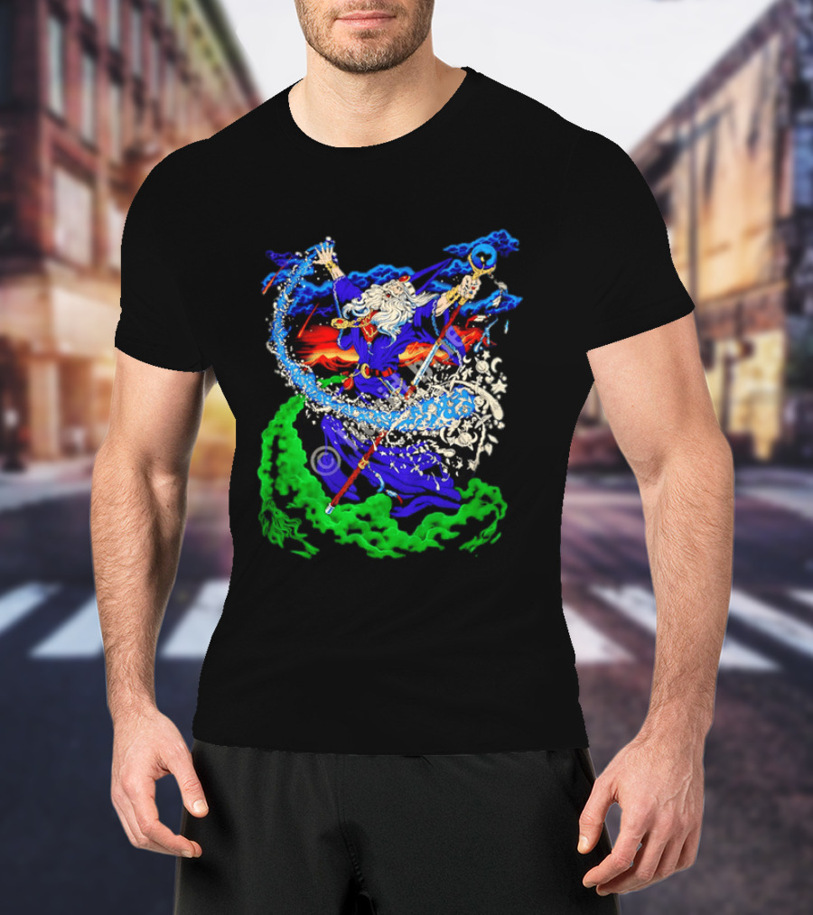 Wizard Casting Magic Conjuring Galaxies Fantasy Aurora Sky T-Shirt