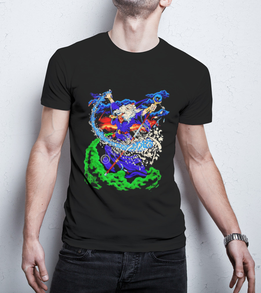 Wizard Casting Magic Conjuring Galaxies Fantasy Aurora Sky T-Shirt