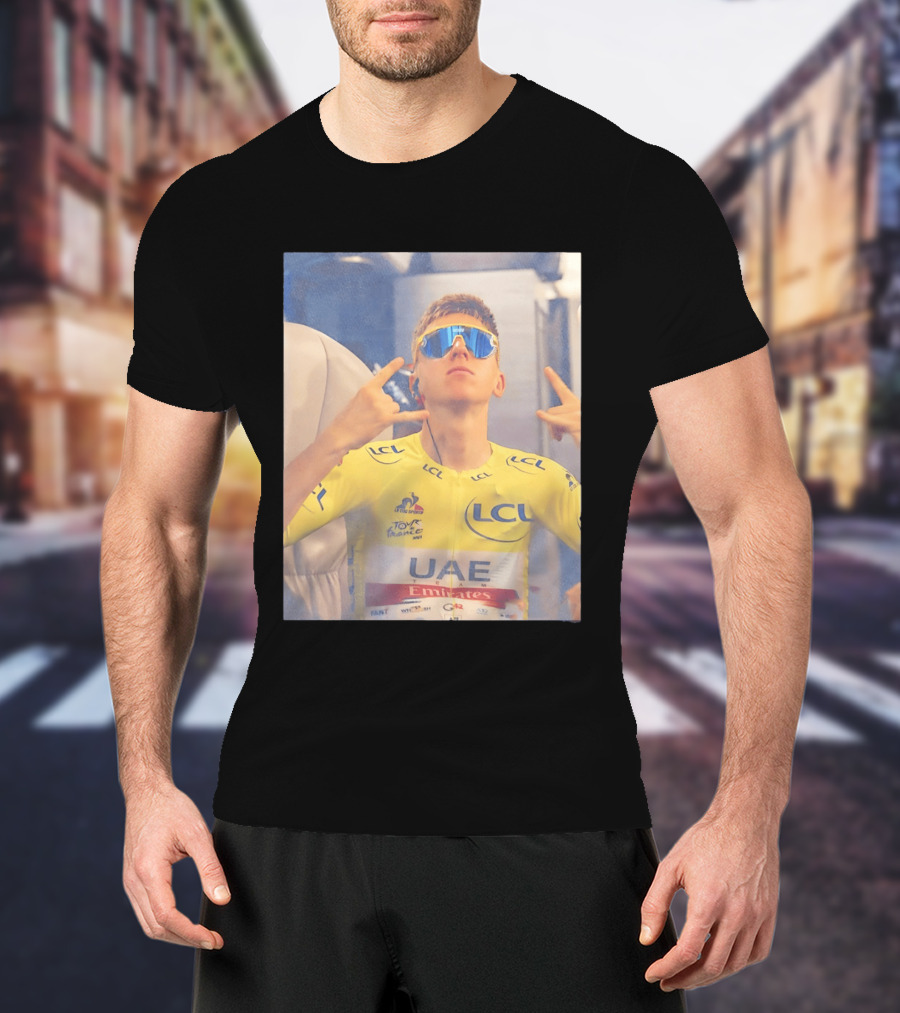Tadej Pogačar In UAE Emirates Tour De France LCL Yellow Jersey With Sunglasses T-Shirt