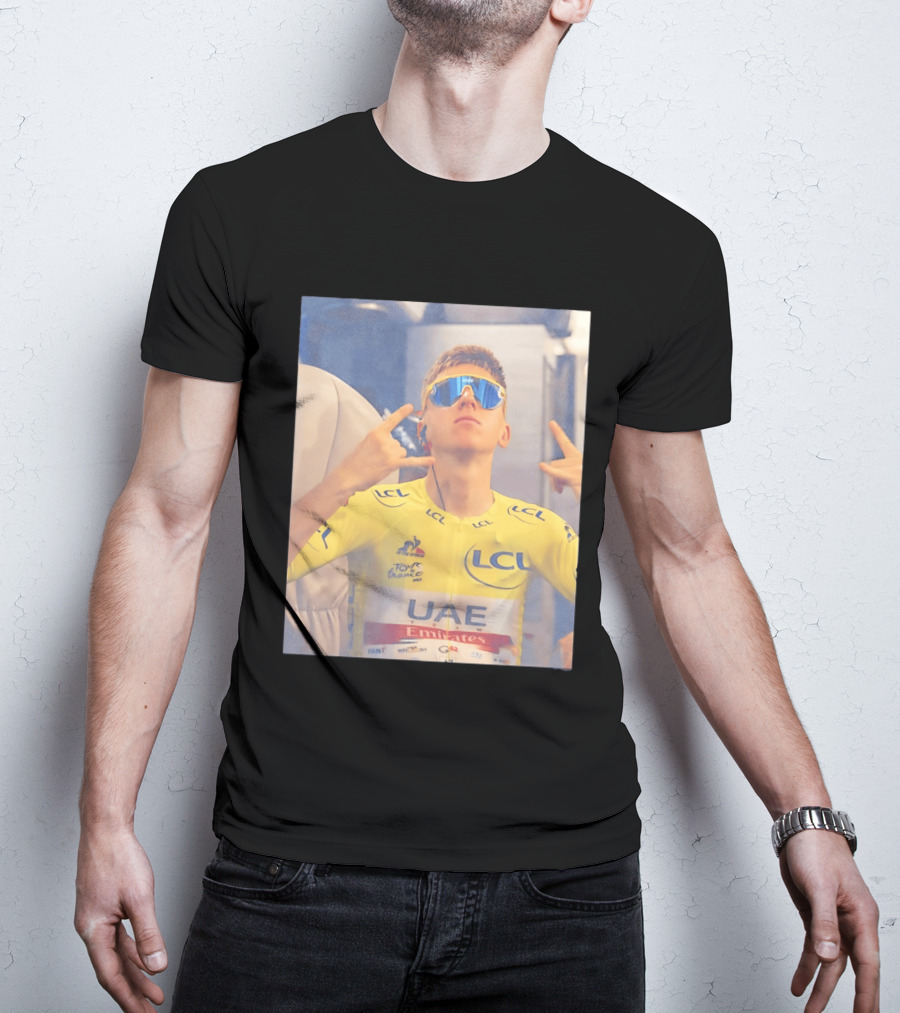 Tadej Pogačar In UAE Emirates Tour De France LCL Yellow Jersey With Sunglasses T-Shirt