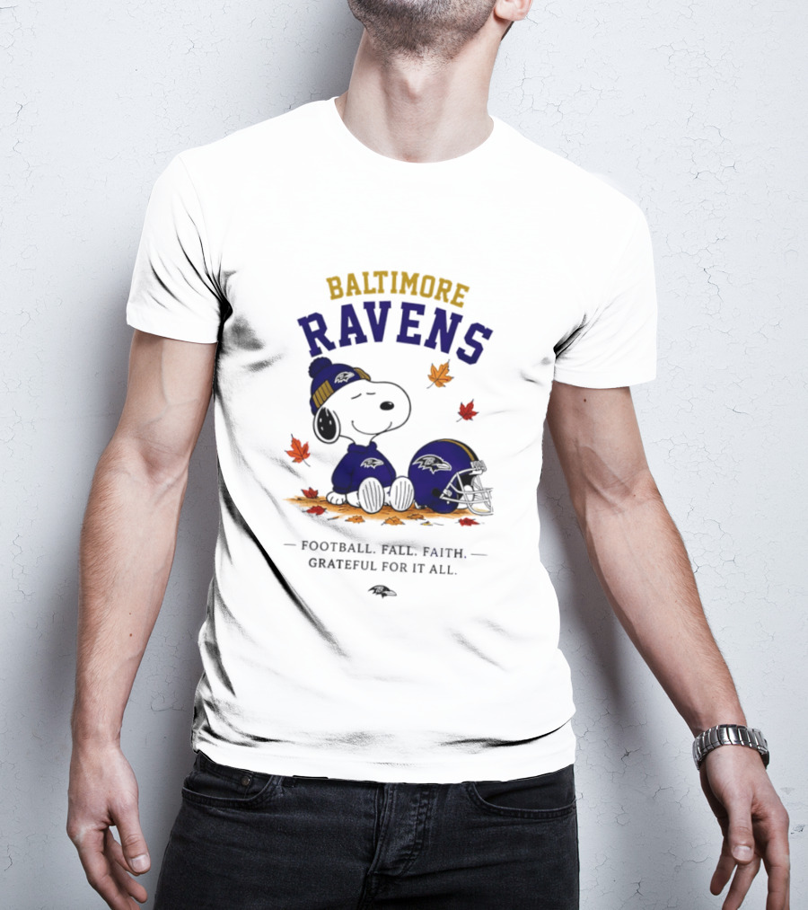Baltimore Ravens Snoopy Football Fall Faith Grateful For It All T-Shirt