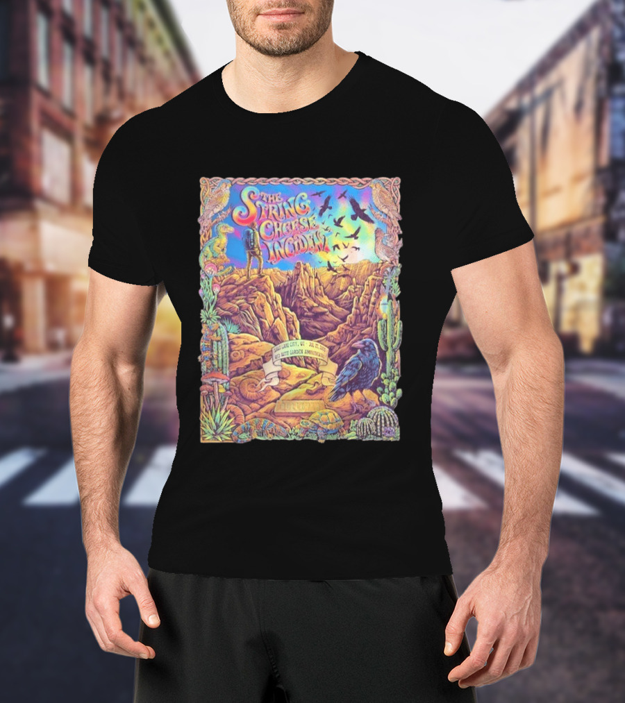 The String Cheese Incident Salt Lake City Utah Red Butte Garden Amphitheatre July 22 2026 Psychedelic Desert Scene With Wildlife And Cactus T-Shirt