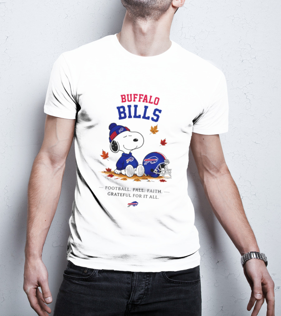 Buffalo Bills Snoopy Football Fall Faith Grateful For It All Leaves T-Shirt
