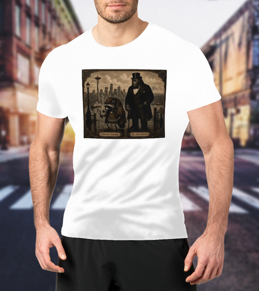 Jimothy Holmes Bigfoot Watson In Vintage Detective Scene Seattle Skyline T-Shirt
