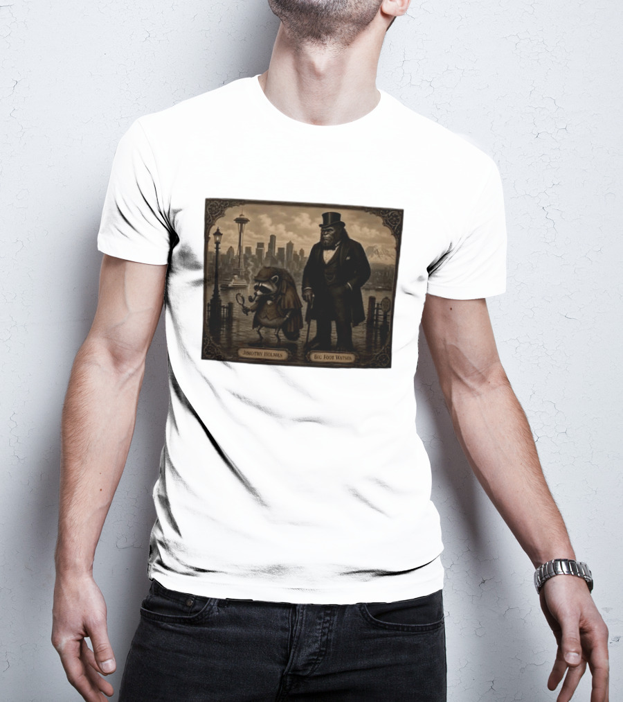 Jimothy Holmes Bigfoot Watson In Vintage Detective Scene Seattle Skyline T-Shirt