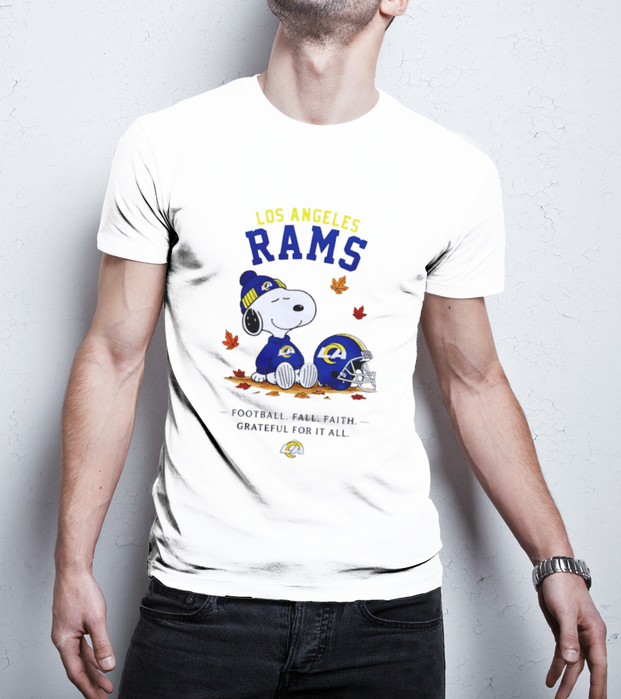 Los Angeles Rams Snoopy Football Fall Faith Grateful For It All NFL Peanuts Fan Gear T-Shirt