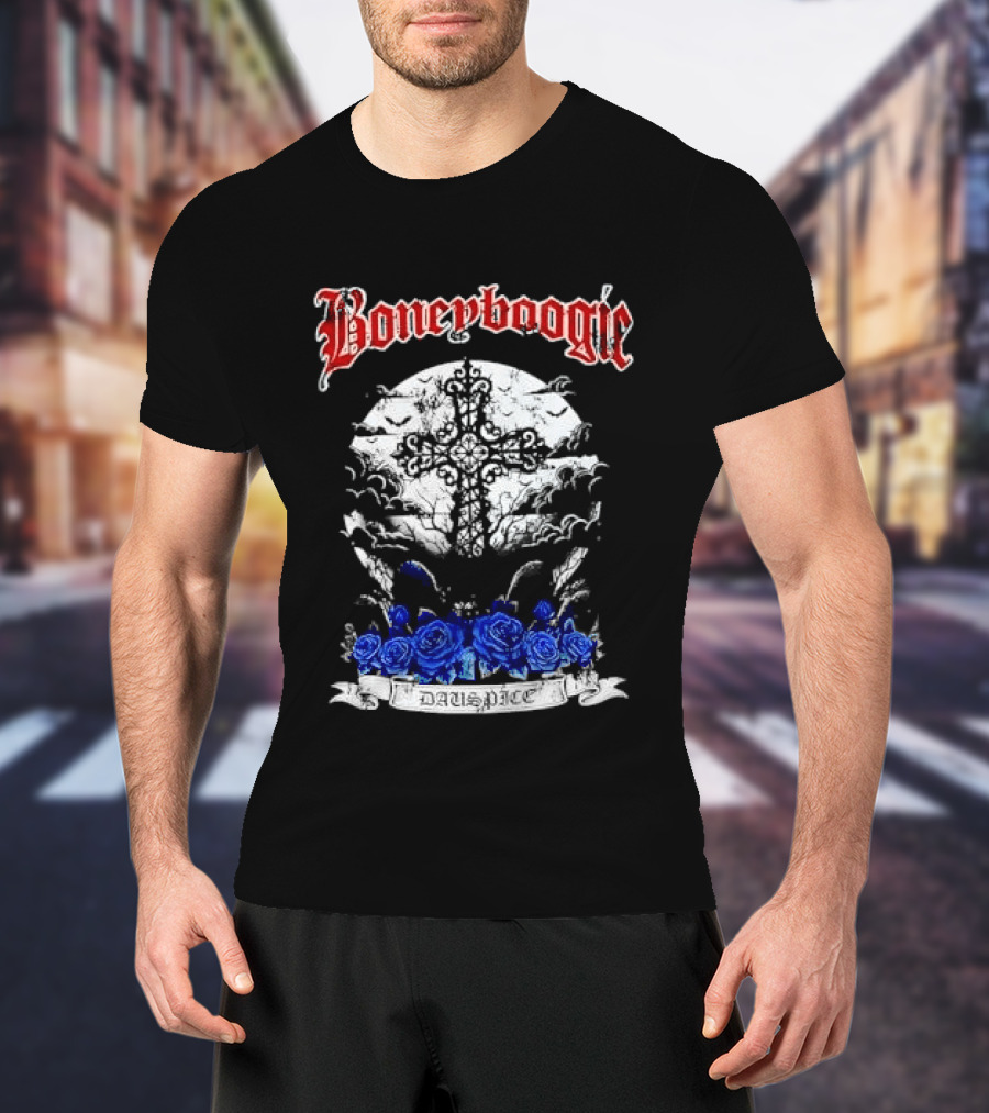 Boneyboogie Gothic Cross With Blue Roses And Full Moon T-Shirt