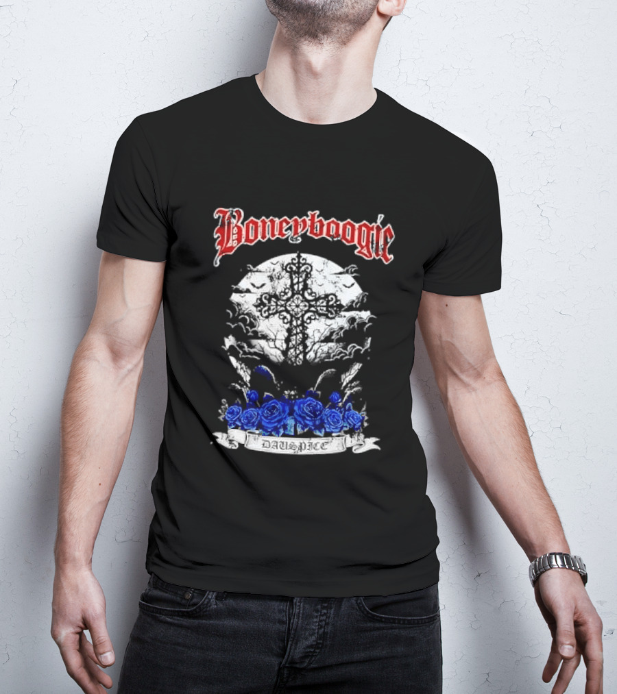 Boneyboogie Gothic Cross With Blue Roses And Full Moon T-Shirt