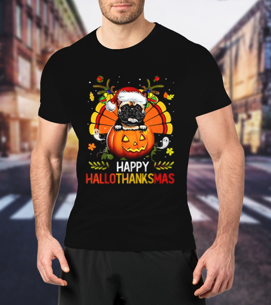Happy Hallothanksmas Bulldog With Santa Hat Pumpkin And Turkey Feathers 2026 T-Shirt