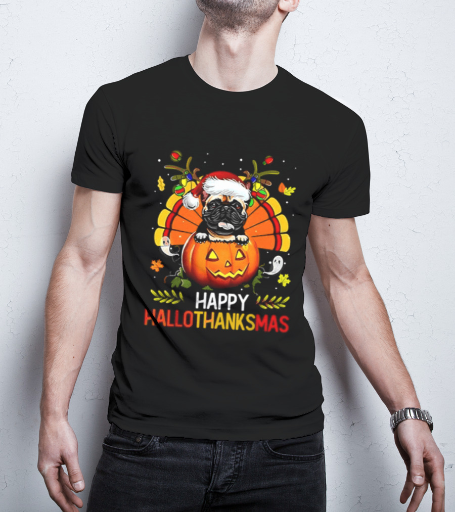 Happy Hallothanksmas Bulldog With Santa Hat Pumpkin And Turkey Feathers 2026 T-Shirt