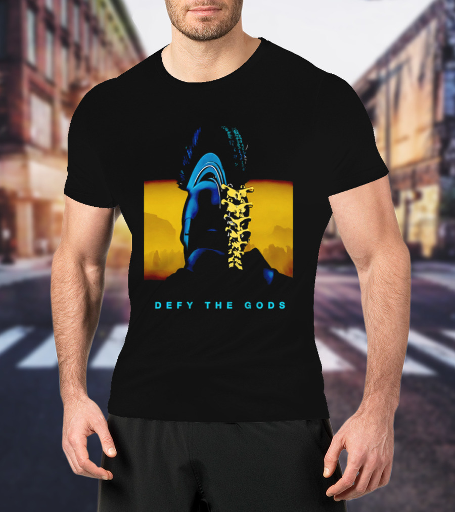 Defy The Gods Spartan Warrior Helmet Art Blue And Gold T-Shirt