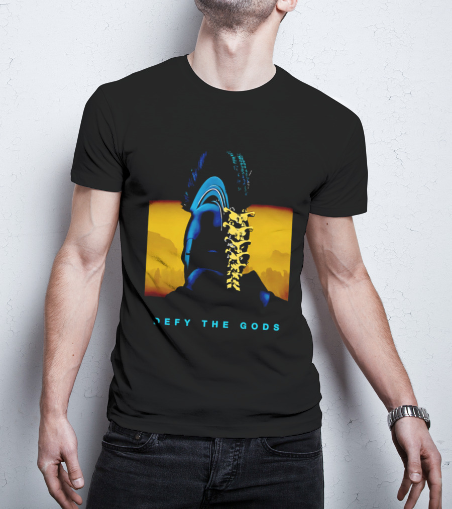 Defy The Gods Spartan Warrior Helmet Art Blue And Gold T-Shirt