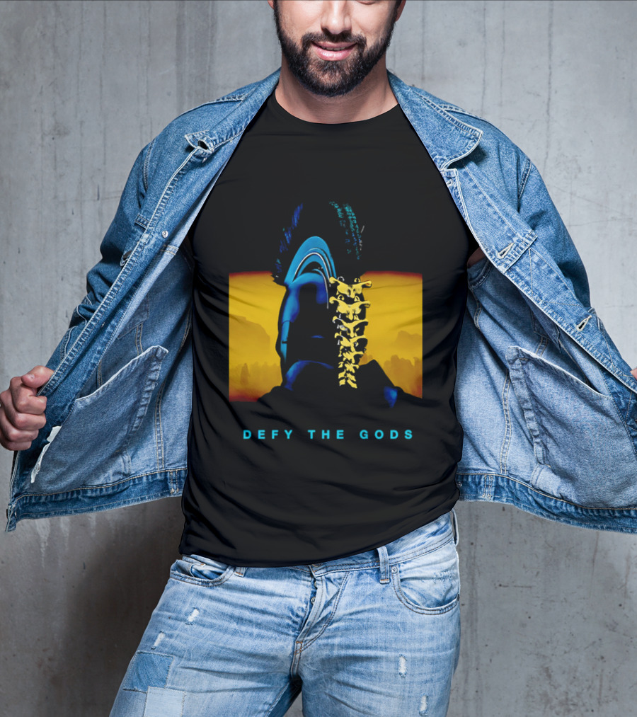 Defy The Gods Spartan Warrior Helmet Art Blue And Gold T-Shirt