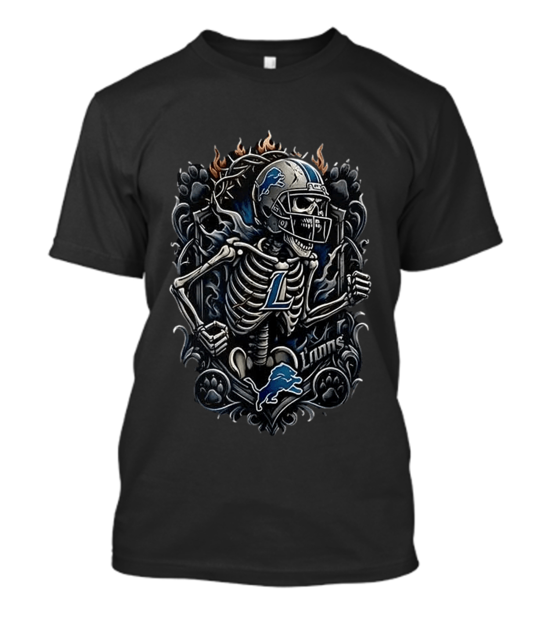 Detroit Lions Football Skeleton With Flames T-Shirt
