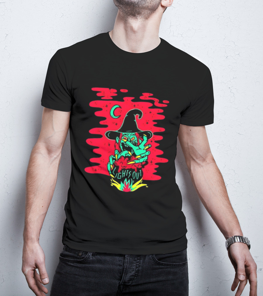 Lights Out Podcast Witch Halloween 2026 Crescent Moon T-Shirt