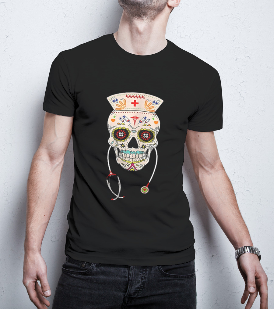 Nurse Sugar Skull Halloween Day Of The Dead Dia De Los Muertos T-Shirt