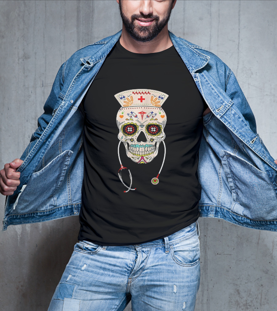Nurse Sugar Skull Halloween Day Of The Dead Dia De Los Muertos T-Shirt
