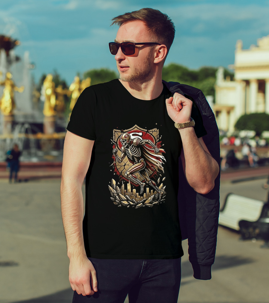 San Francisco 49ers Skeleton Runs In My Blood Football Skyline Shield T-Shirt