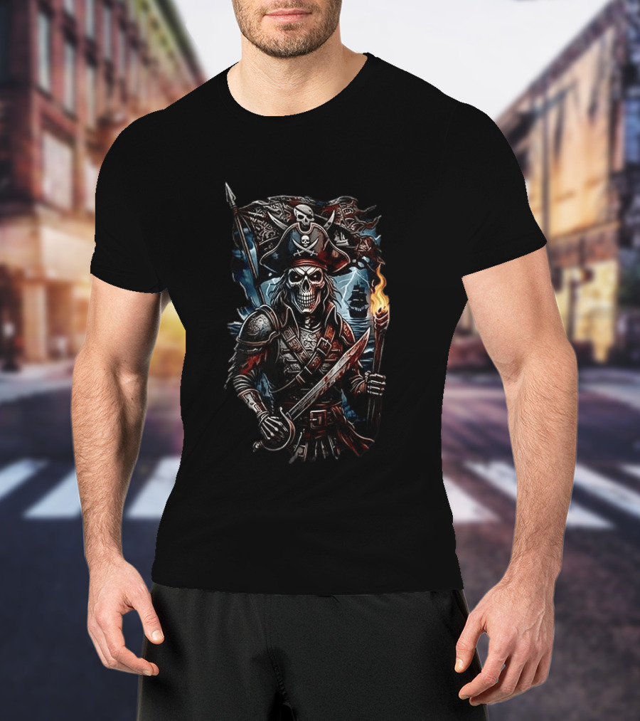 Tampa Bay Buccaneers Runs In My Blood Skeleton Pirate With Sword And Torch T-Shirt