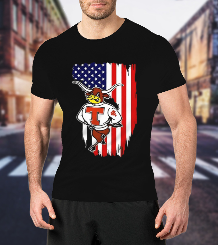 Texas Longhorns Mascot Over USA Flag T-Shirt