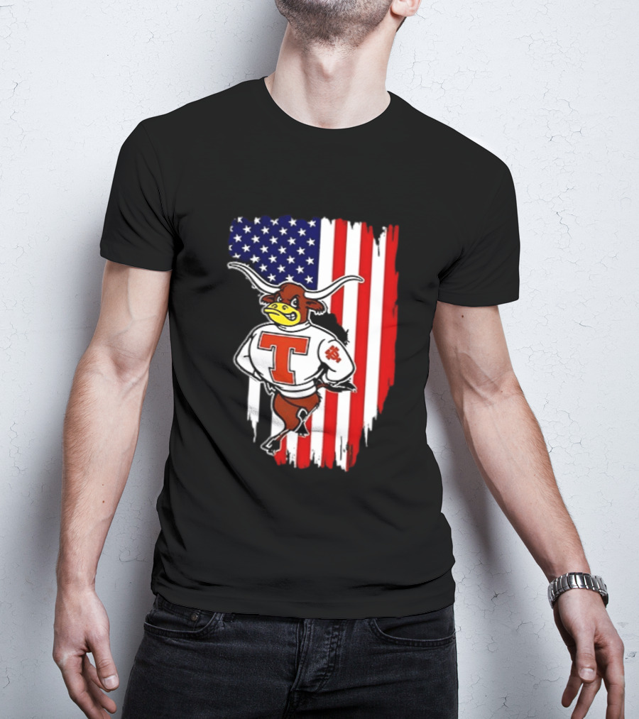 Texas Longhorns Mascot Over USA Flag T-Shirt