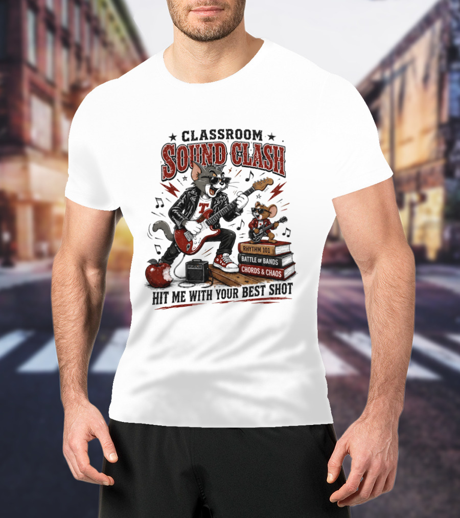 Classroom Sound Clash Hit Me With Your Best Shot Tom And Jerry Electric Guitar Battle T-Shirt