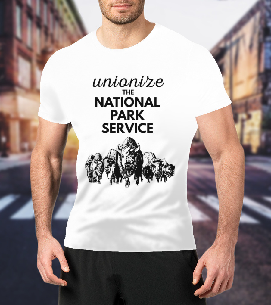 Unionize The National Park Service Bison Herd Oso Artists Orchard Button T-Shirt